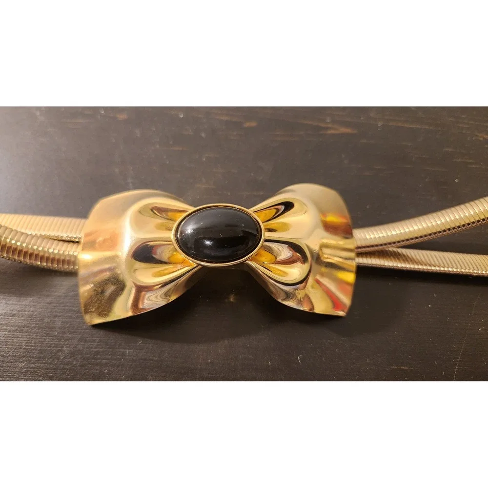 Vintage Gold Tone Snake‎ Chain Stretch Belt Black Cabochon Bow Buckle Womens